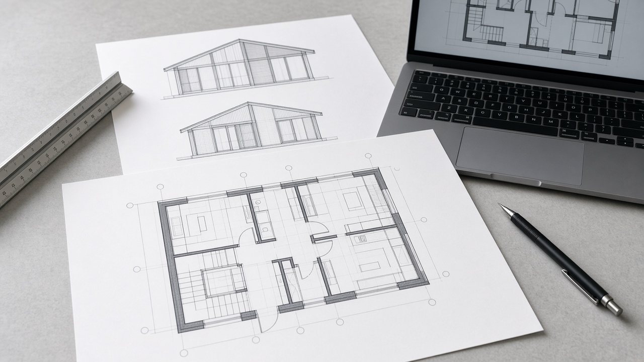 Architectural floor plan and elevation drawings beside a laptop showing CAD plans