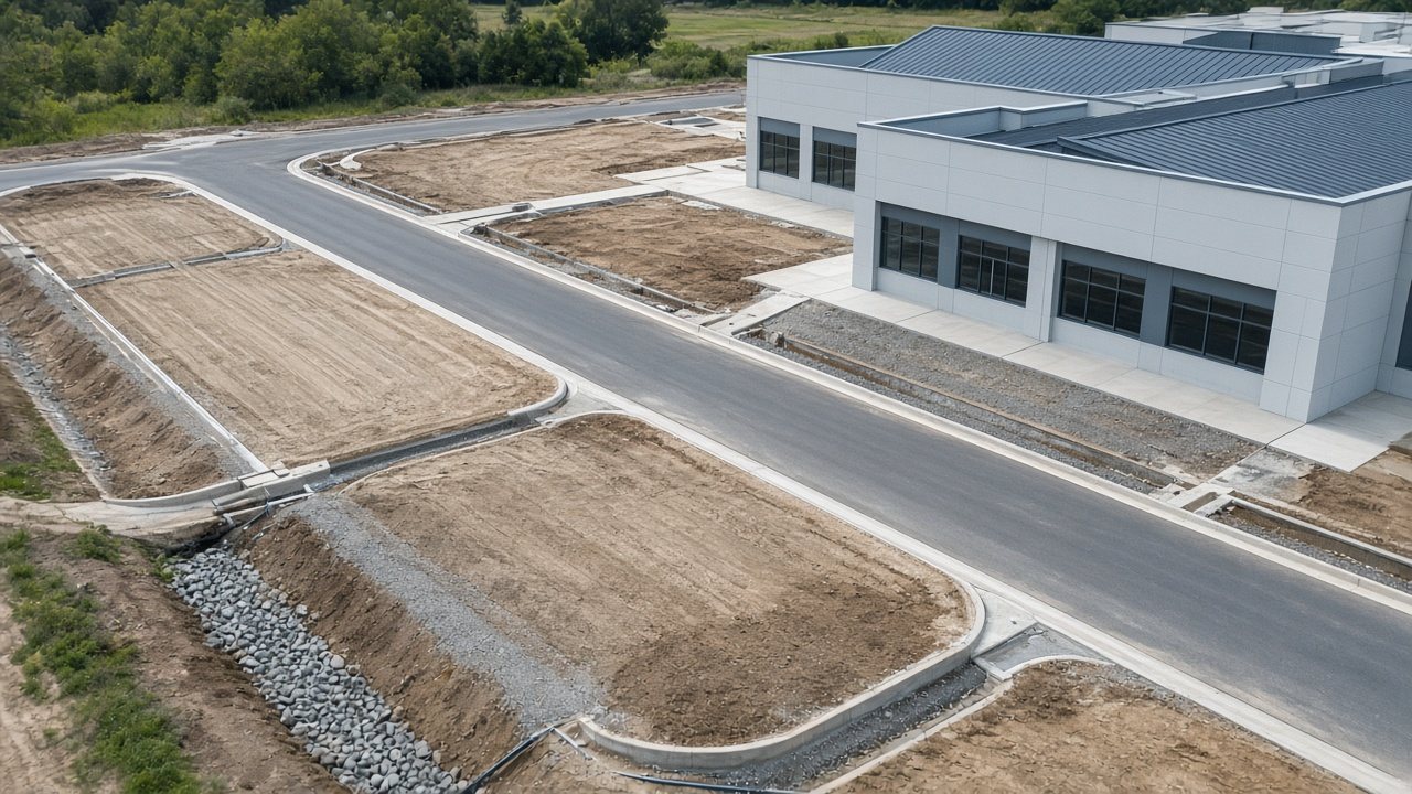 Aerial view of a graded site with new roads, curbs, and drainage beside a commercial building