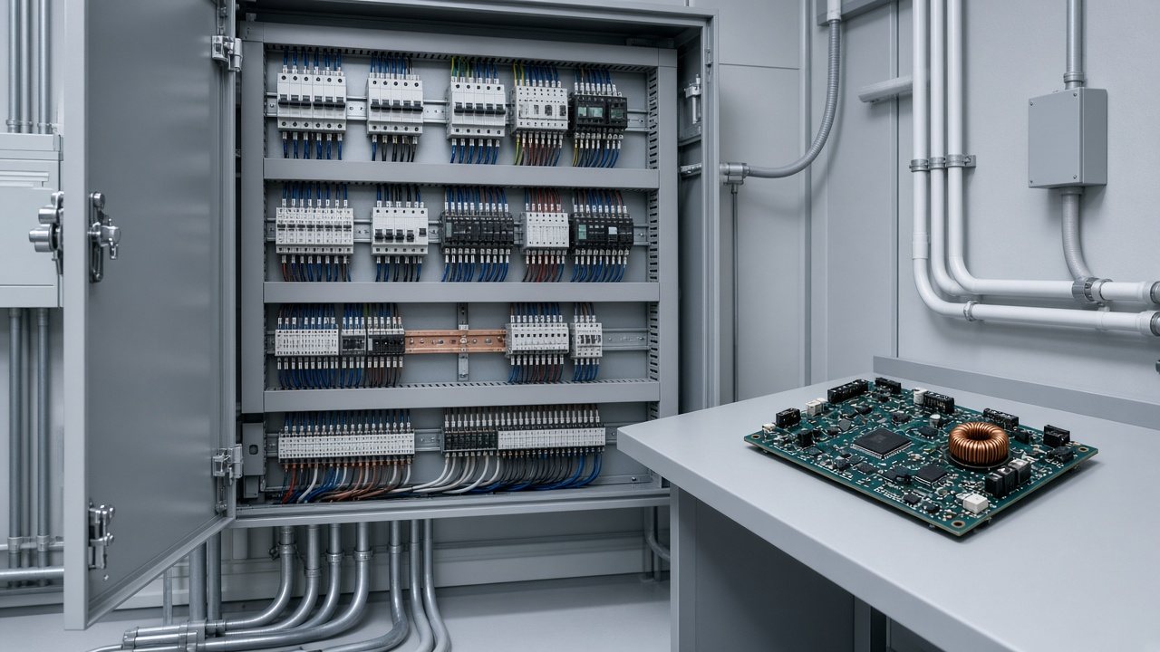 Open electrical distribution panel with organized wiring and a controls circuit board on a workbench
