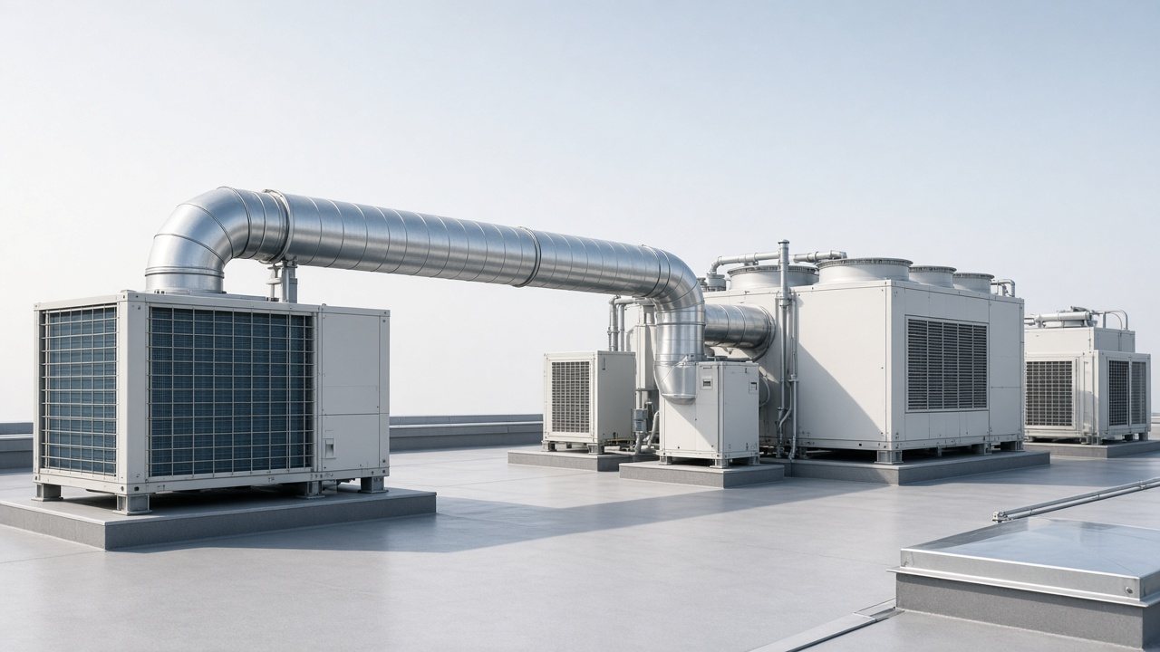 Rooftop HVAC units connected by galvanized spiral ductwork