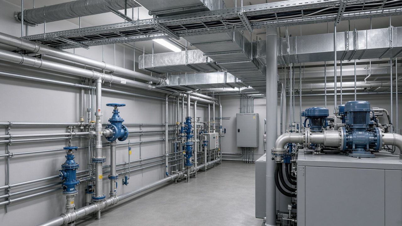 Coordinated piping, valves, cable trays, and ductwork in a commercial mechanical room