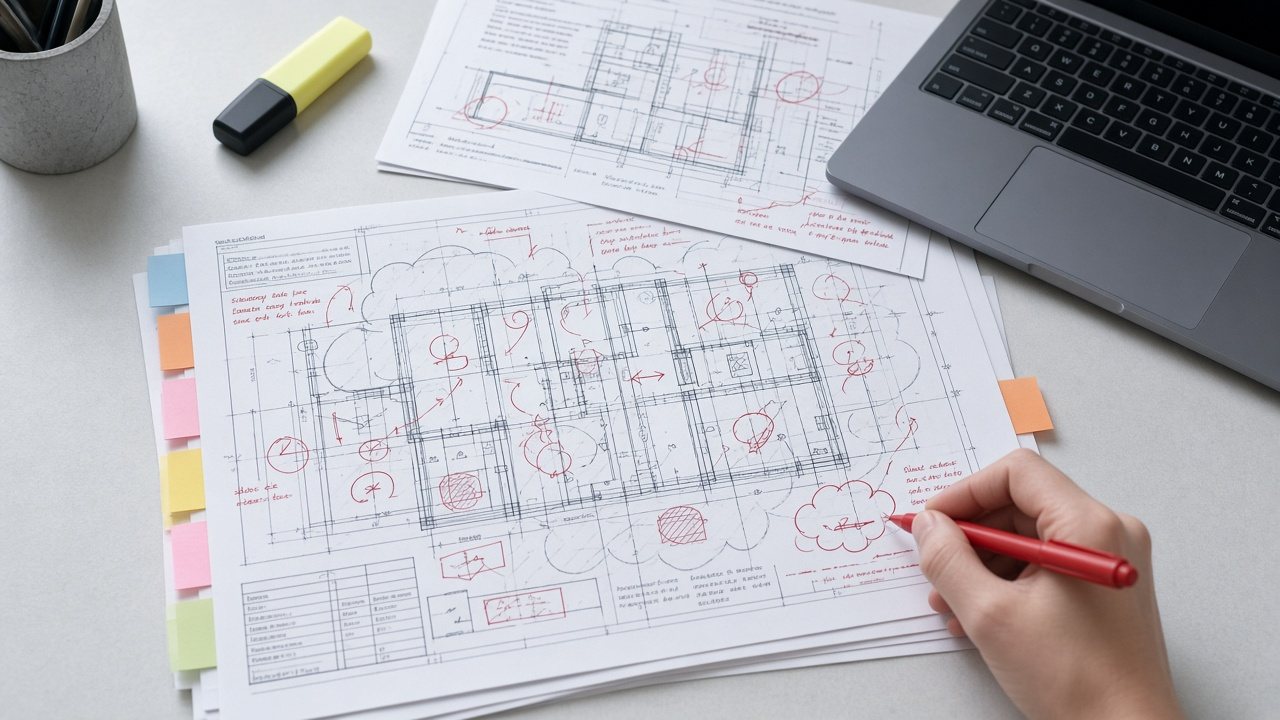 Construction drawing set with red plan-check markups and clouded revisions