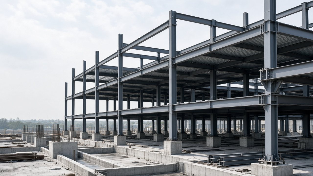 Structural steel frame and concrete foundations on an active building site